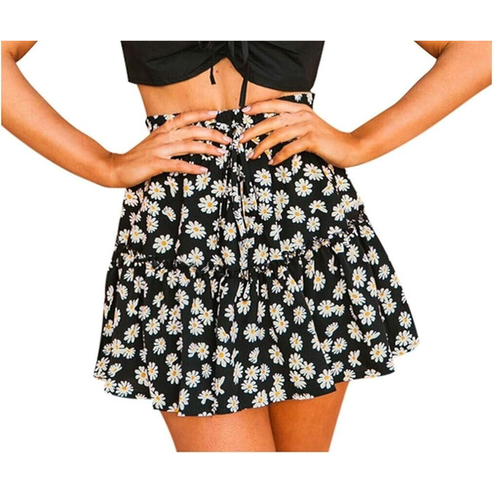 NWOT Alelly Mini Skirt Floral Daisy Black Ruffled A line Lined Short Sum…